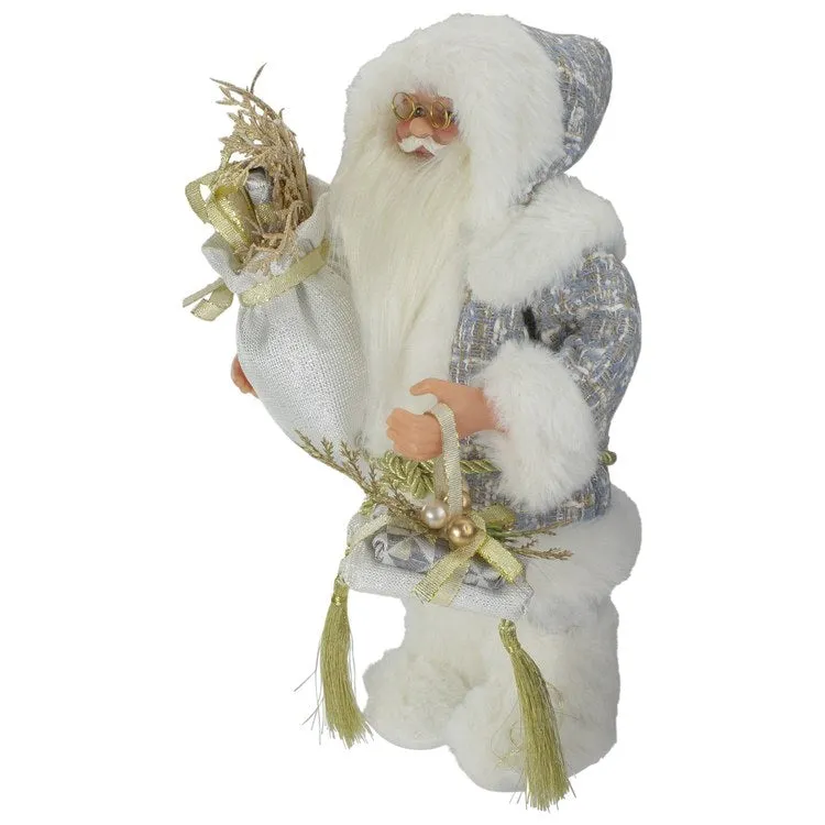 12" White and Gold Standing Santa Carrying a Full Sac of Presents Christmas Figurine