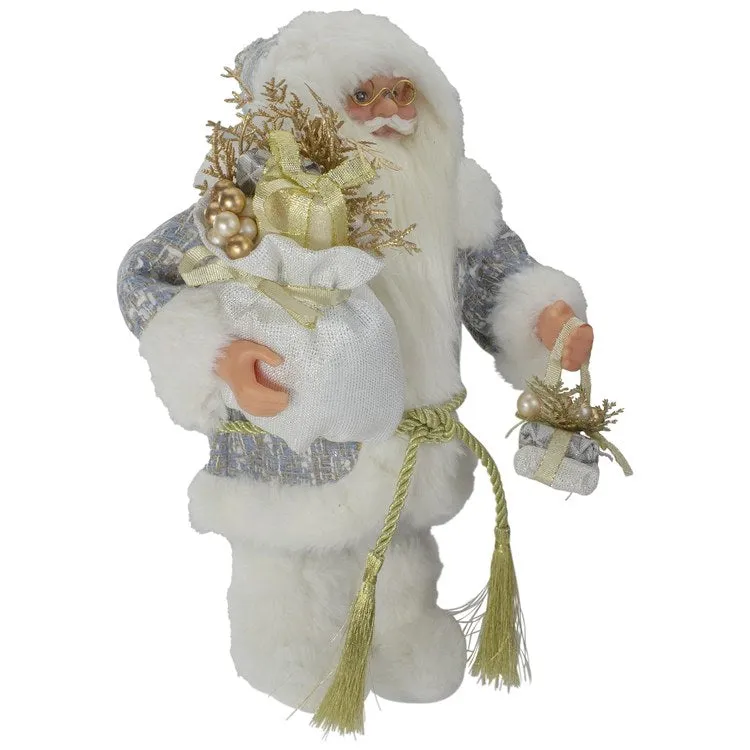 12" White and Gold Standing Santa Carrying a Full Sac of Presents Christmas Figurine