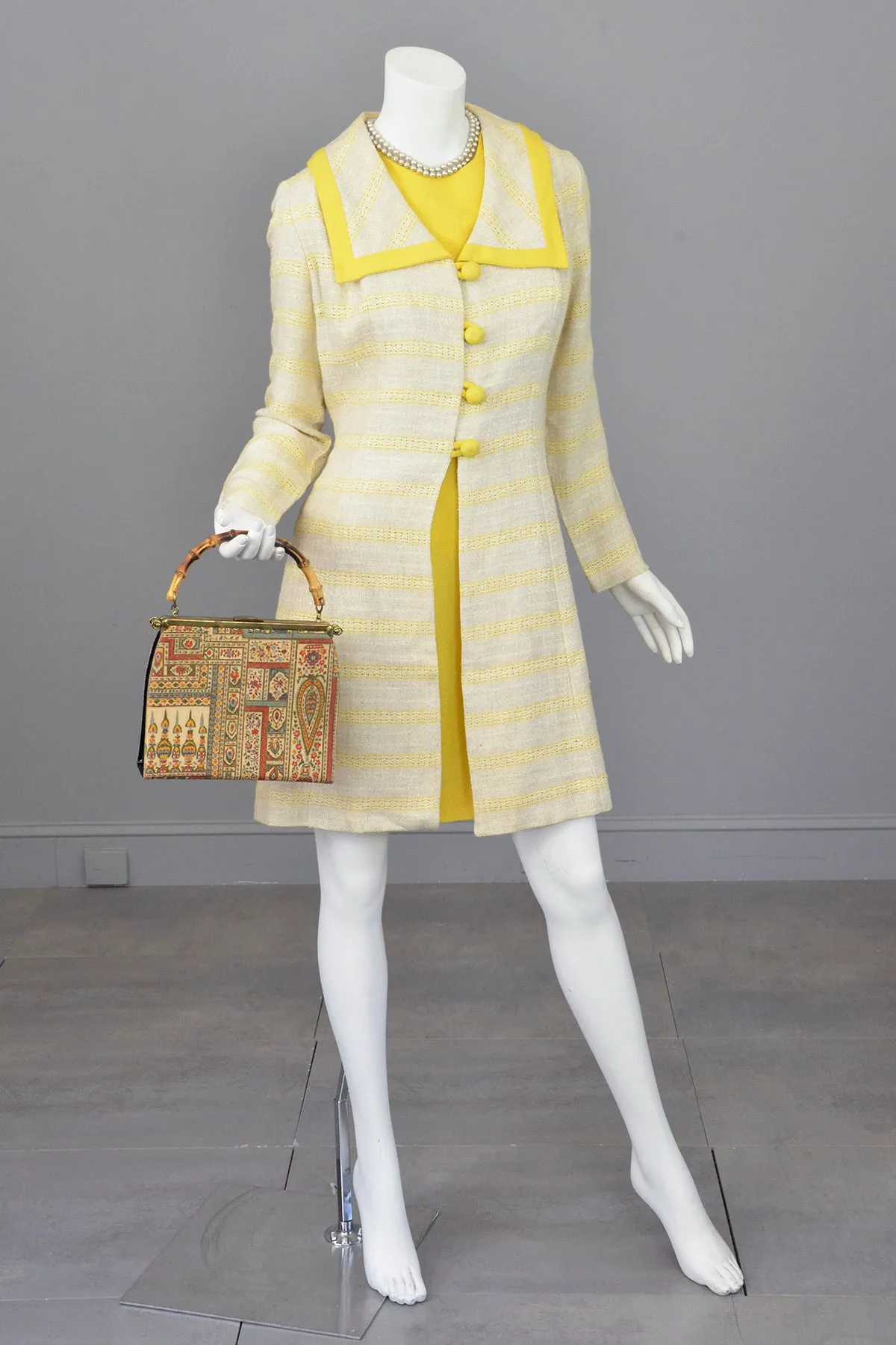 1970s Taupe and Yellow Retro Dress and Coat Set | Mod Coat and Dress