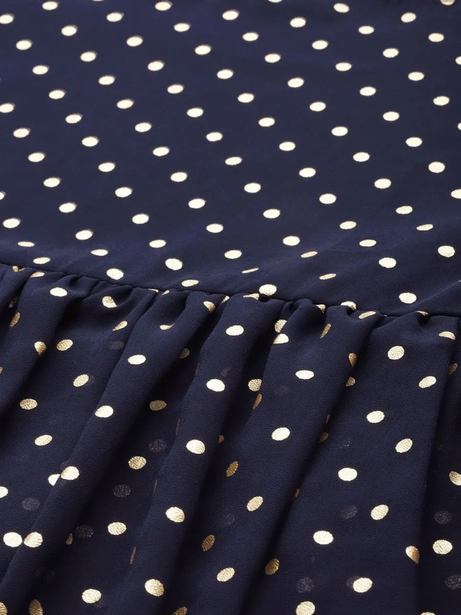 Ahalyaa Women Navy Blue & Golden Polka Dots Print Tiered Beautiful Tunic