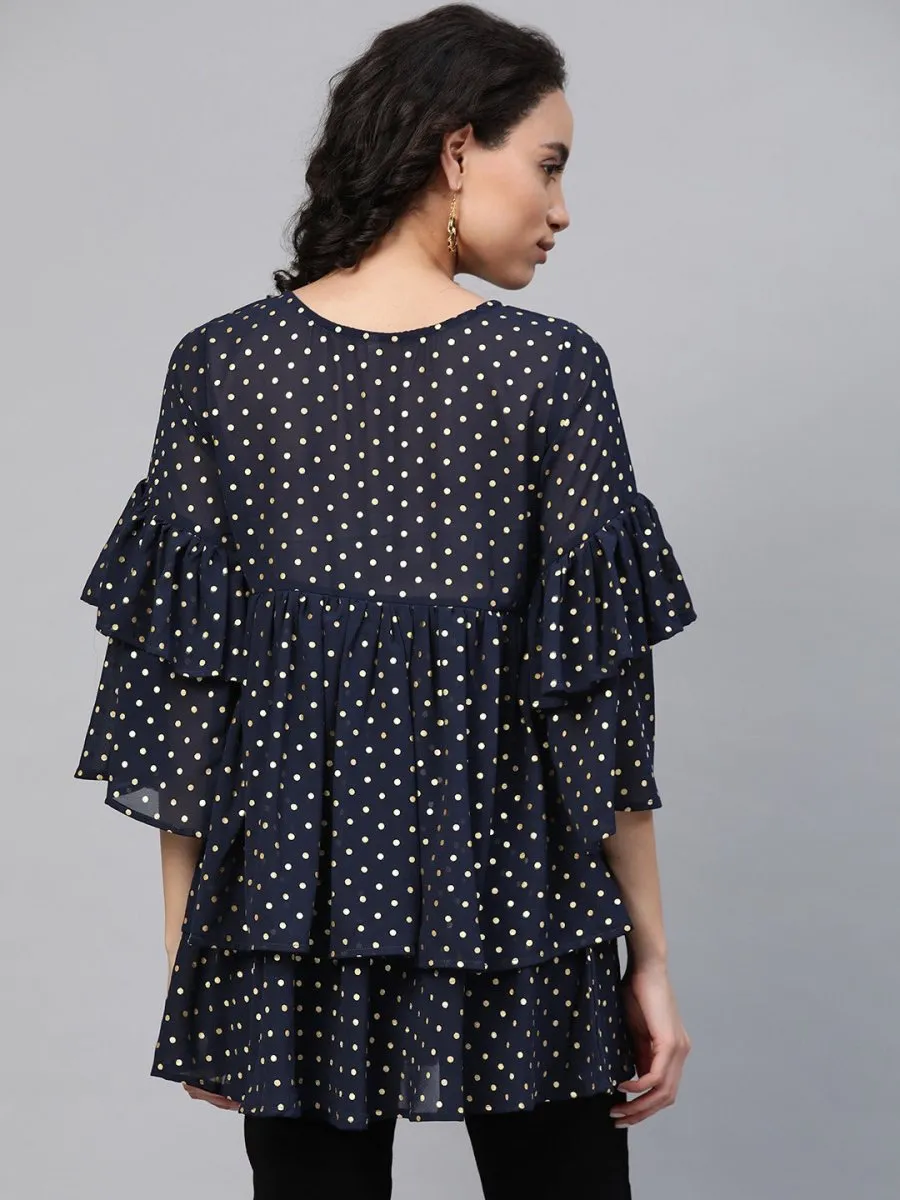 Ahalyaa Women Navy Blue & Golden Polka Dots Print Tiered Beautiful Tunic