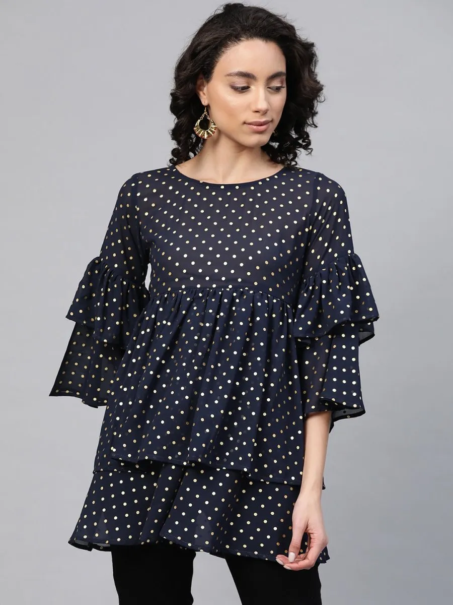 Ahalyaa Women Navy Blue & Golden Polka Dots Print Tiered Beautiful Tunic