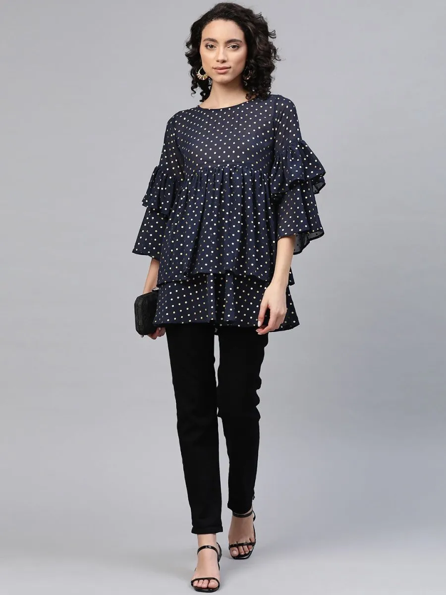 Ahalyaa Women Navy Blue & Golden Polka Dots Print Tiered Beautiful Tunic