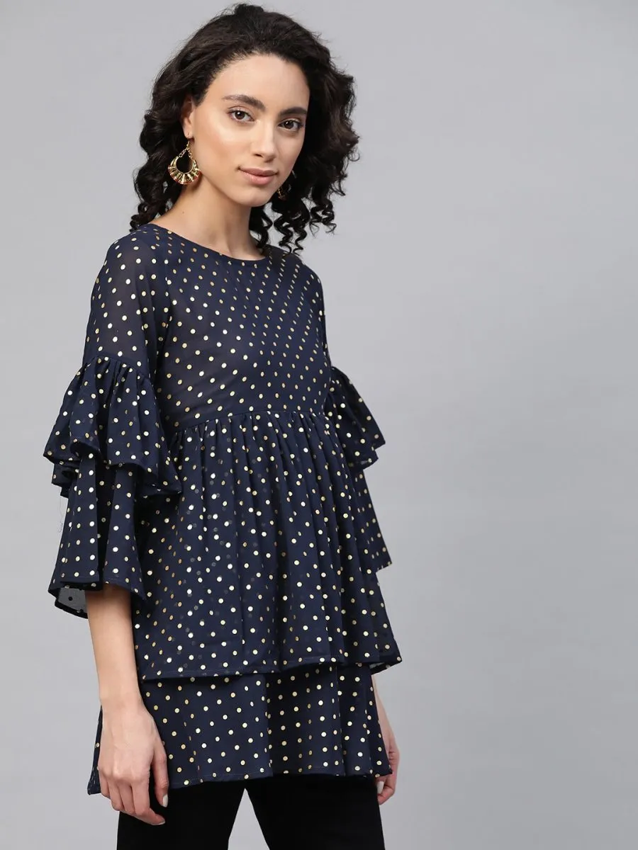 Ahalyaa Women Navy Blue & Golden Polka Dots Print Tiered Beautiful Tunic