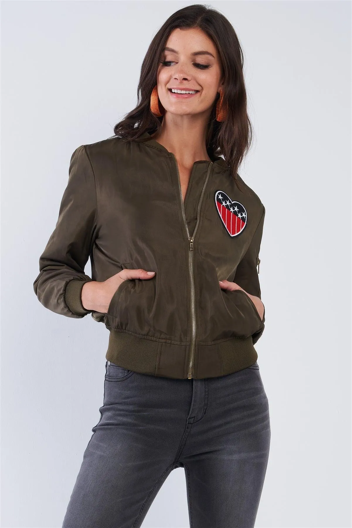 American Made Olive Green Multicolor Patriotic Stamp Flight Bomber Jacket /2-2-2