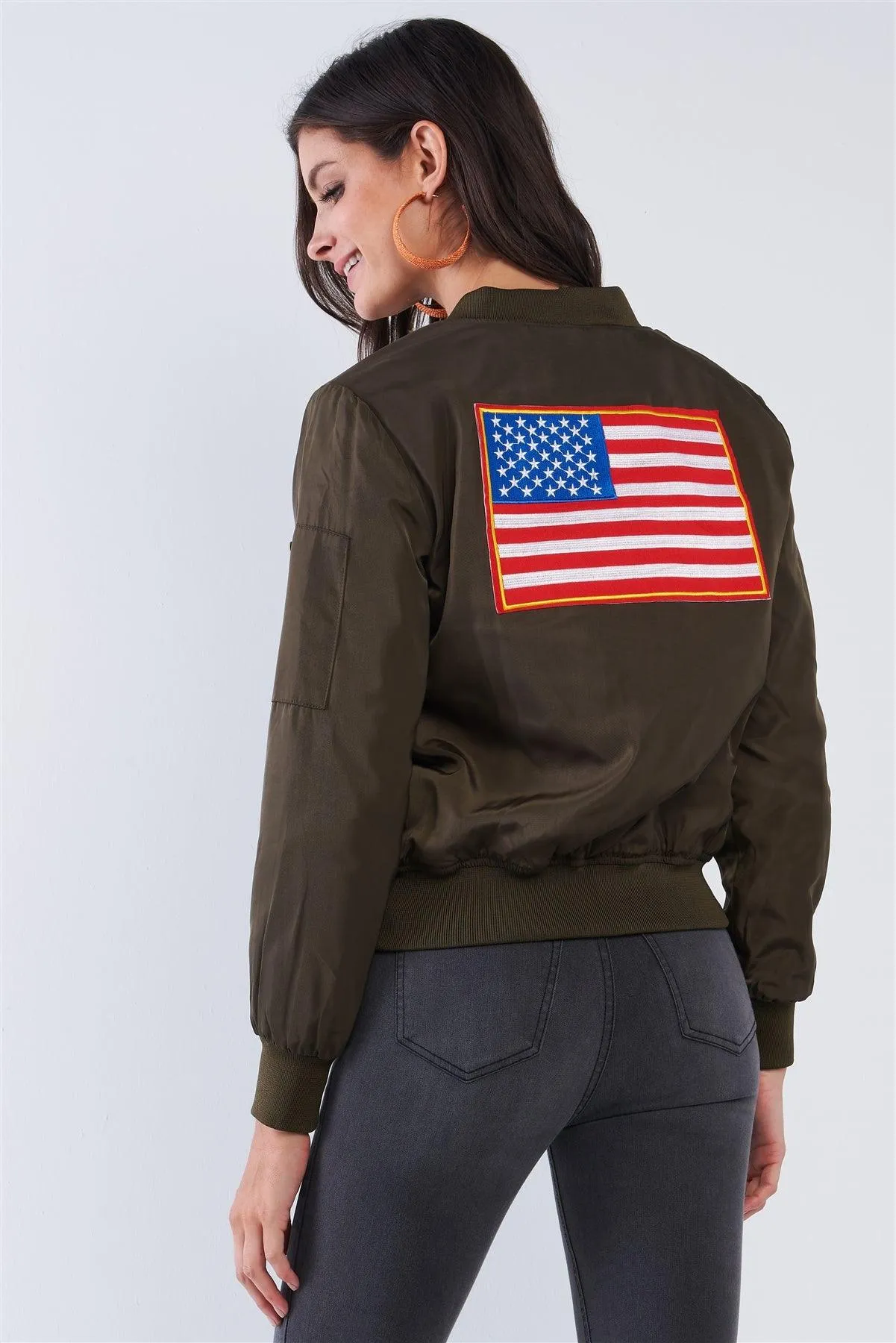 American Made Olive Green Multicolor Patriotic Stamp Flight Bomber Jacket /2-2-2