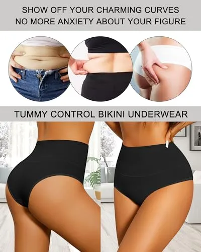 ASIMOON Tummy Control Seamless Underwear High Waisted Cotton Bikini Panties for Women No Muffin Cheeky Panty