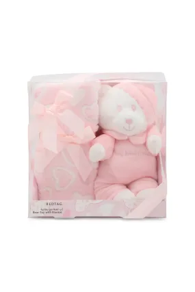 Babies Pink And White Blanket With Teddy Bear Gift Set (2 Piece)