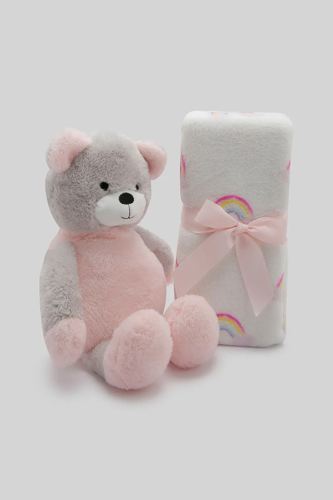 Babies White Rainbow Blanket With Pink Bear (2 Piece)