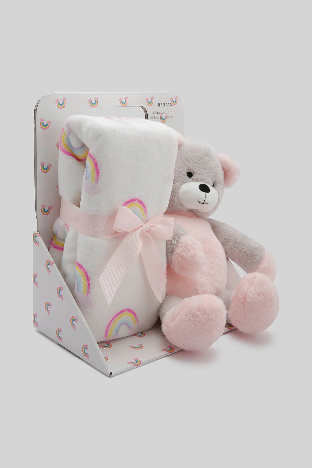 Babies White Rainbow Blanket With Pink Bear (2 Piece)