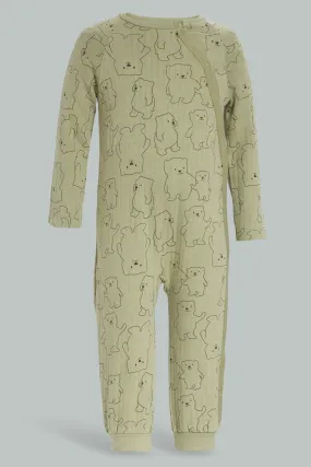 Baby Boys Olive Teddy Bear Print Romper