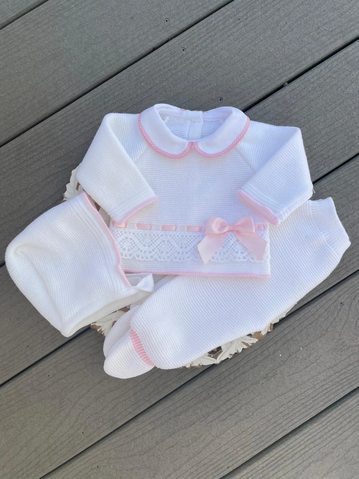 Baby Knitted Set With Lace Details In White and Pink