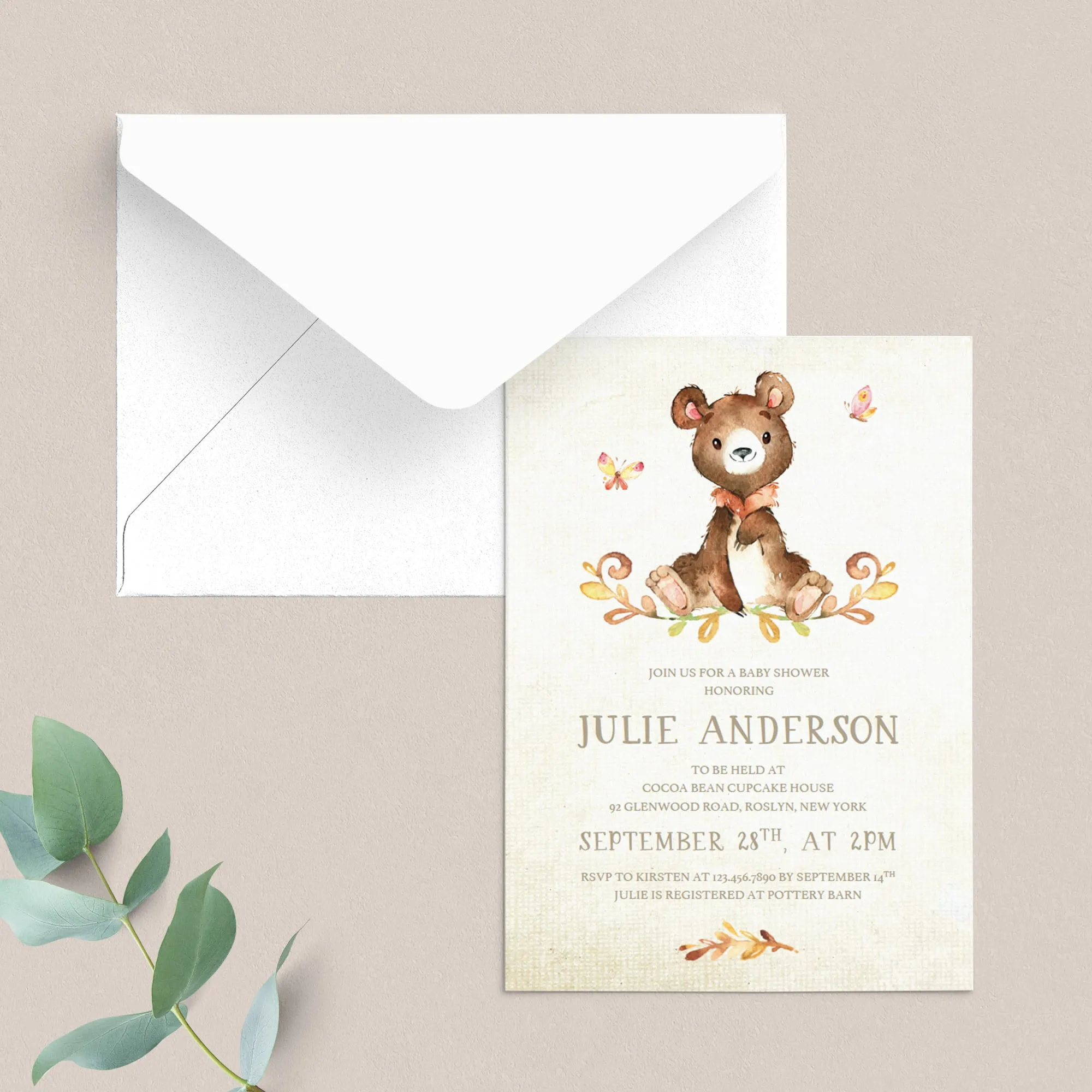 Bear Baby Shower Invite Template Watercolor Teddy Bear