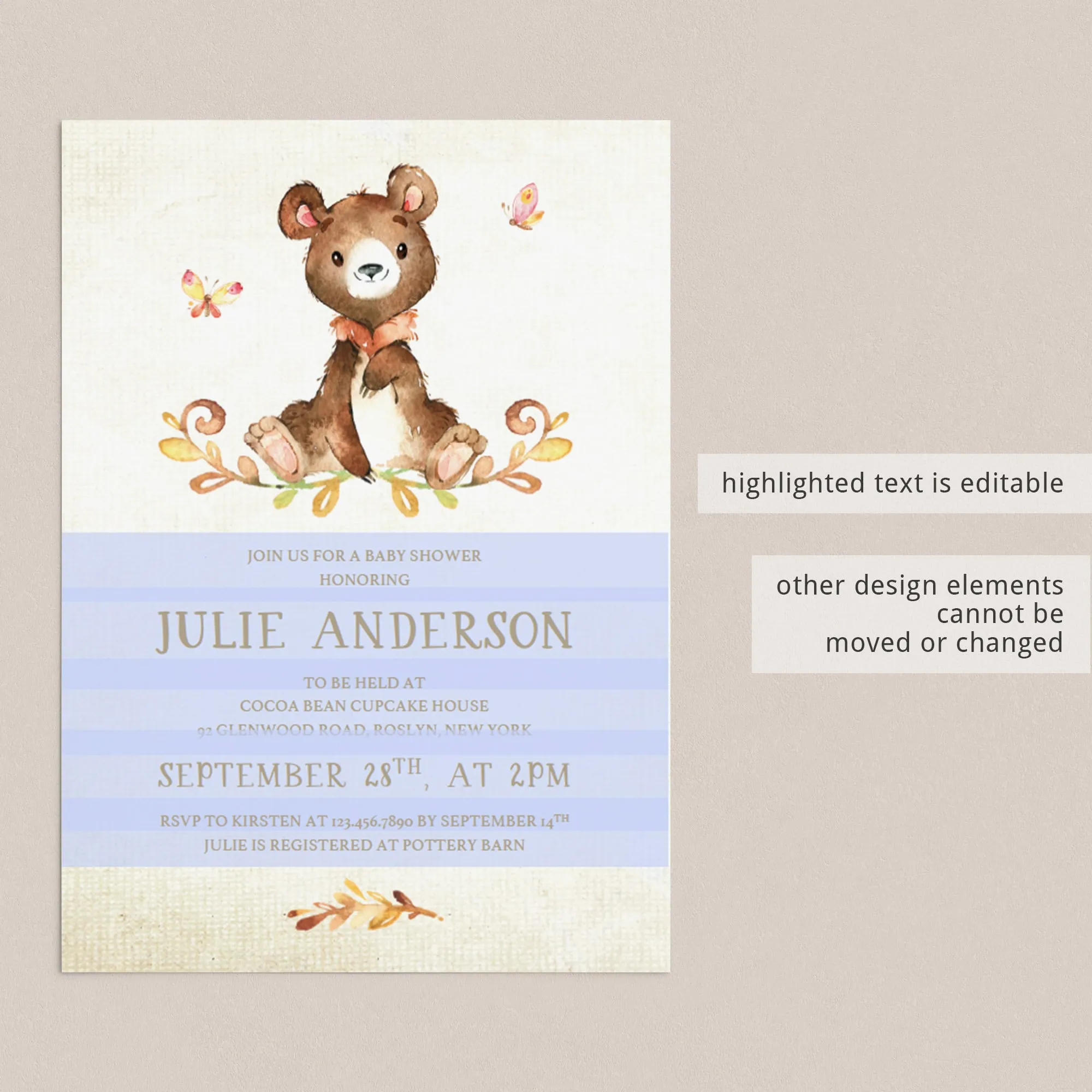 Bear Baby Shower Invite Template Watercolor Teddy Bear