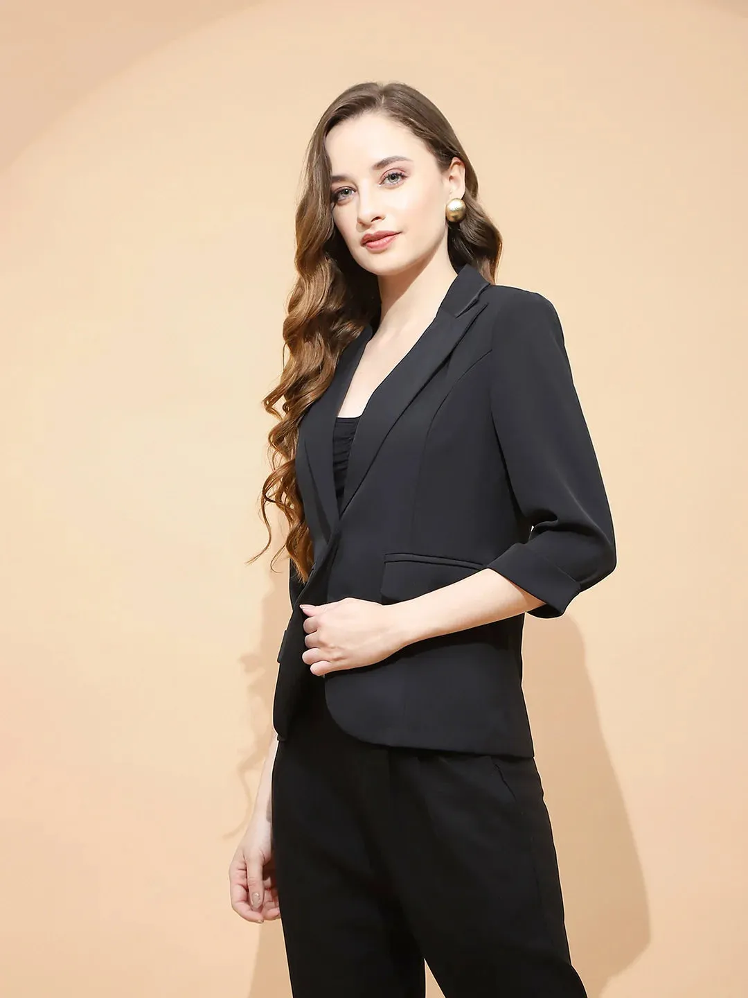 Black Polyester Blend Regular Fit Coat For Women