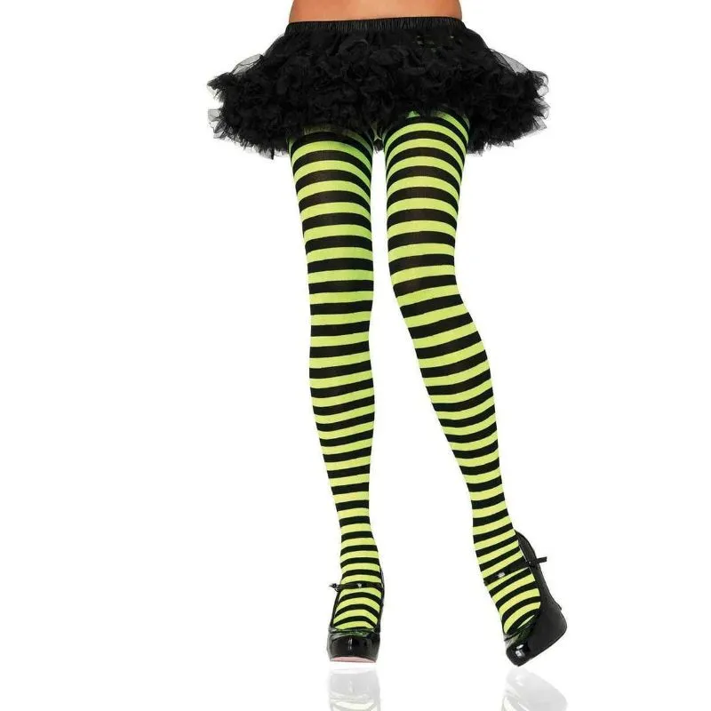 Black/Lime Nylon Stripe Tights - OS