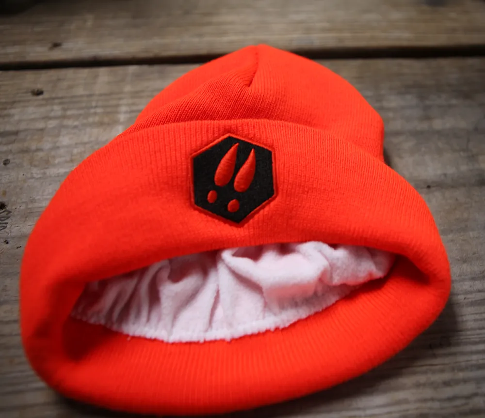 BLAZE ORANGE FLEECE LINED KNIT HAT WITH DEERCAST LOGO