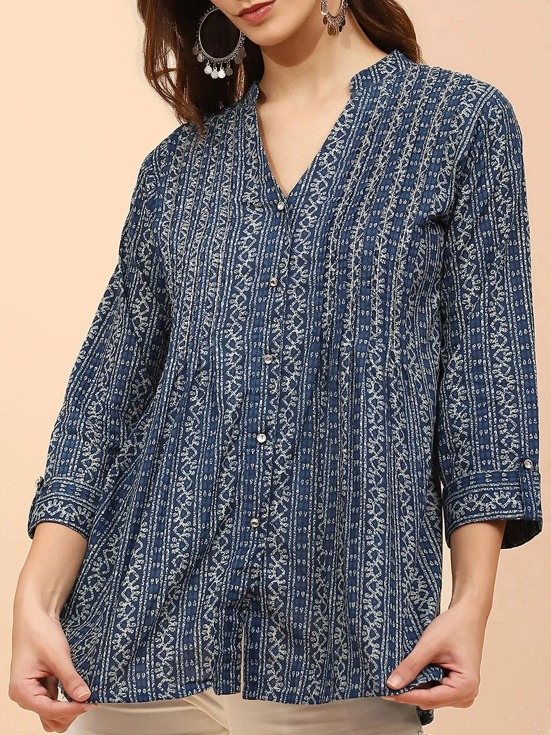 Blue Printed Cotton Regular Fit Tunic