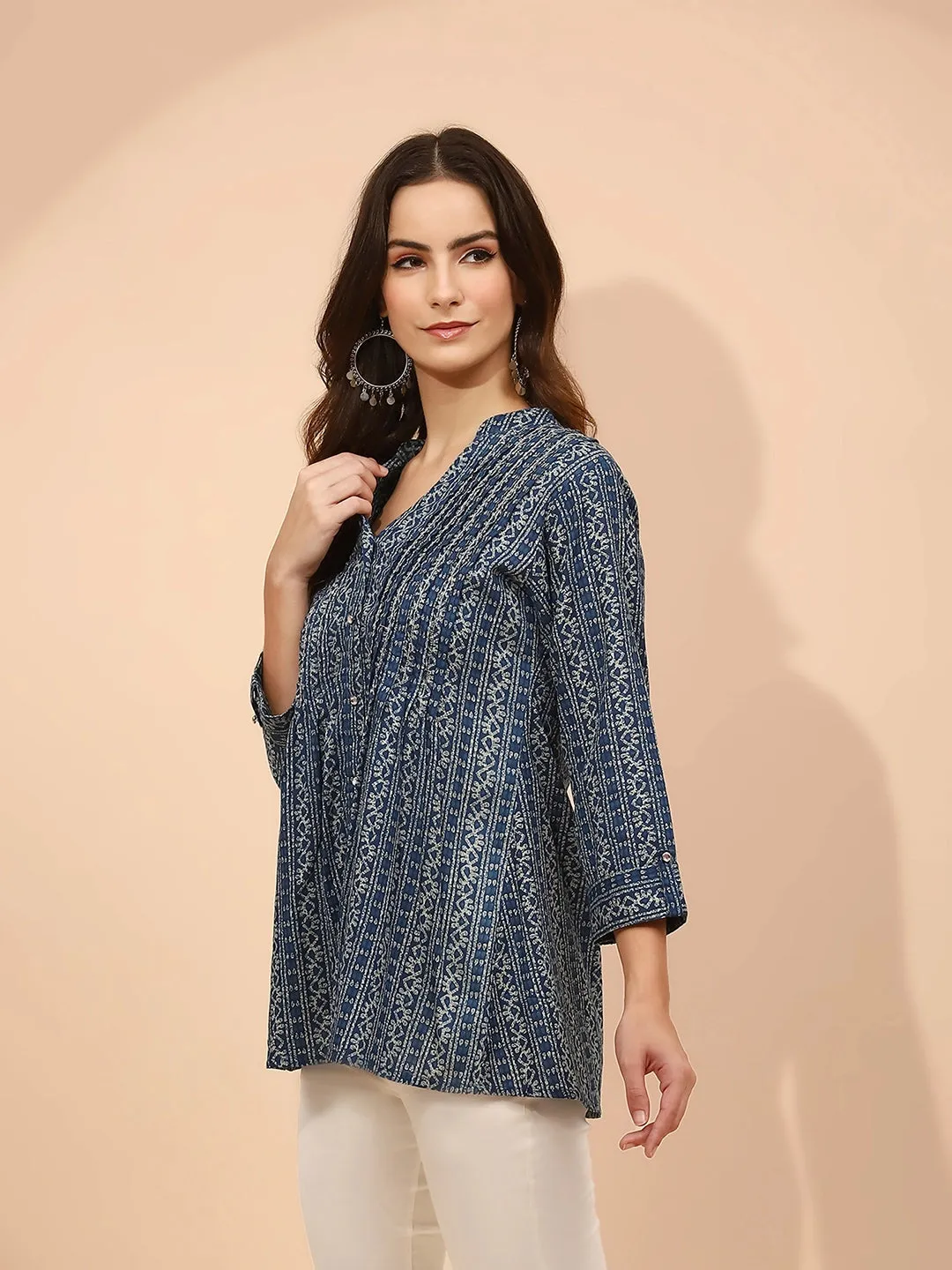 Blue Printed Cotton Regular Fit Tunic