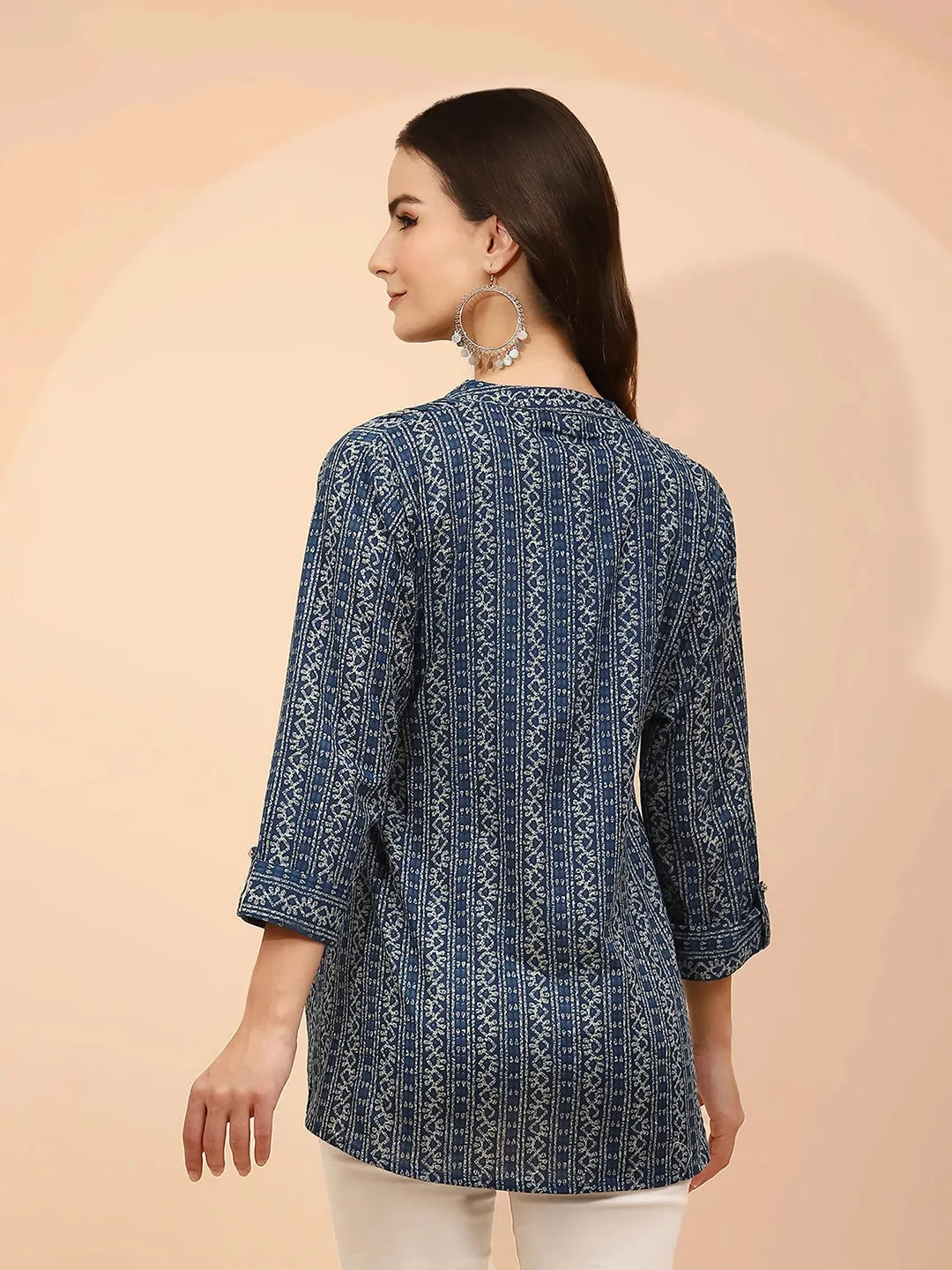 Blue Printed Cotton Regular Fit Tunic