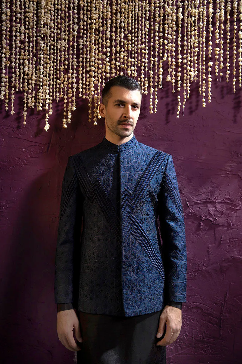 BLUE SELF EMBROIDERED PRINCE COAT