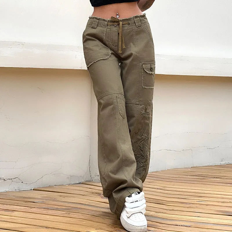 Bonnyshow American Vintage Street Cargo Pants Women High Waist Spring Autumn Straight Wide Leg Trousers   Retro Streetwear Women