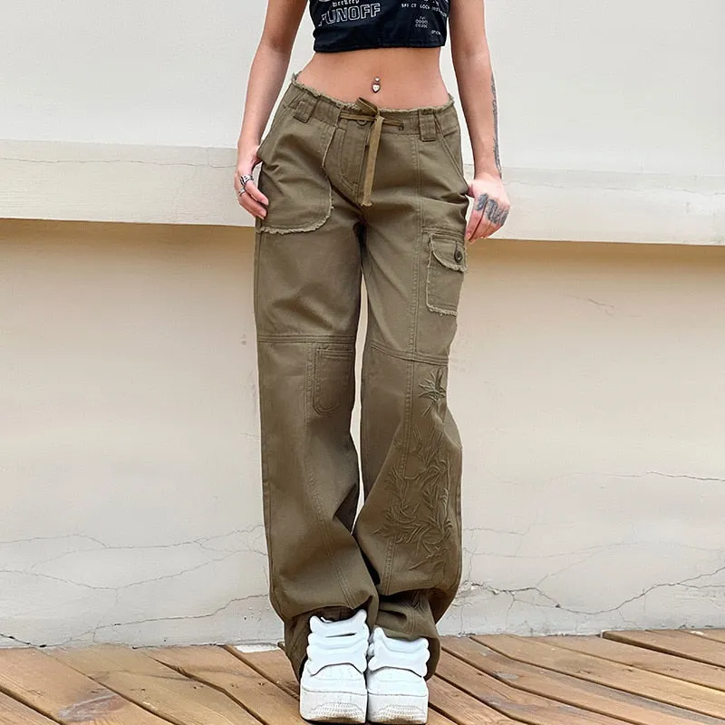 Bonnyshow American Vintage Street Cargo Pants Women High Waist Spring Autumn Straight Wide Leg Trousers   Retro Streetwear Women