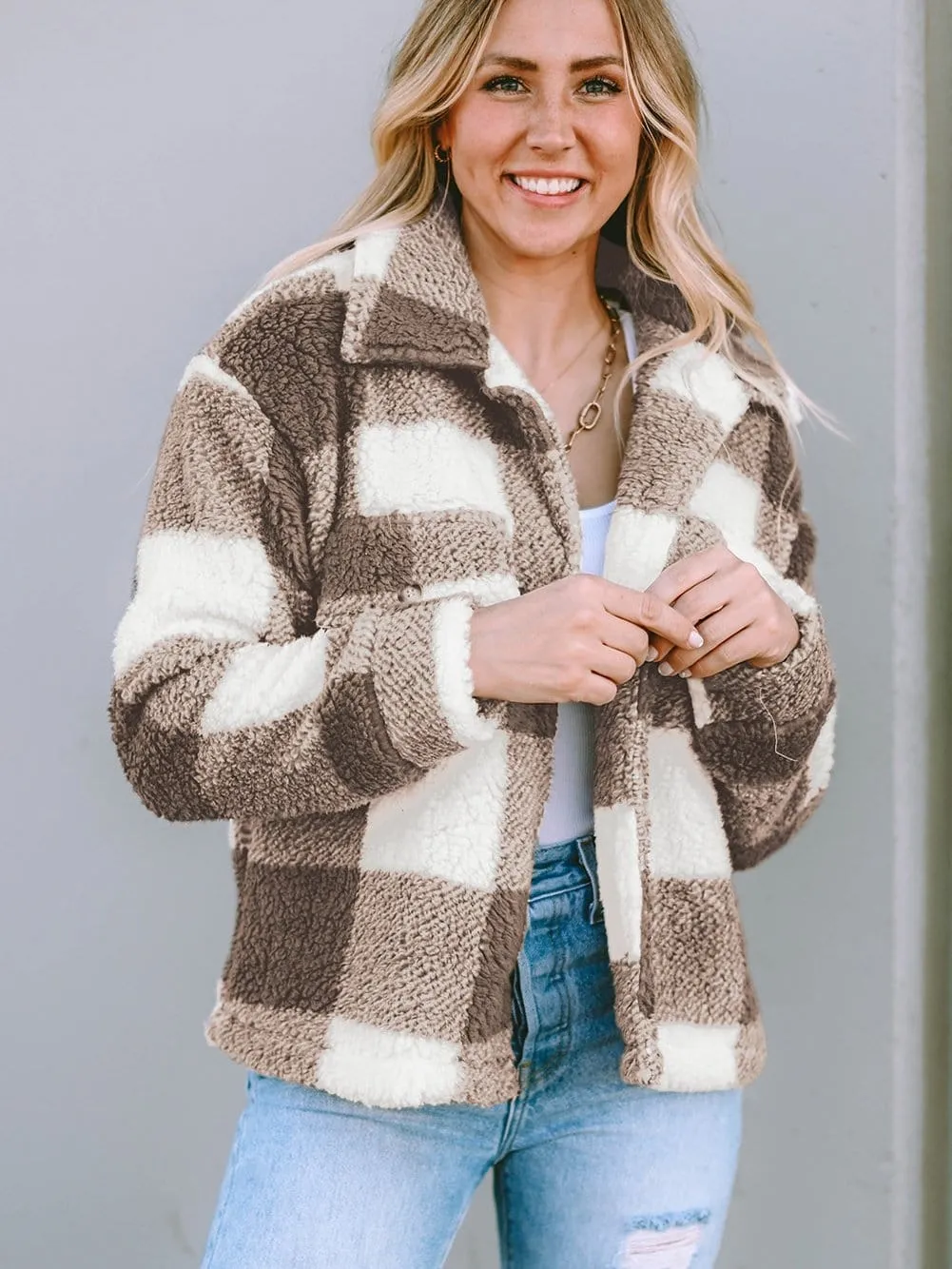 Brown and Cream Color Block Teddy Coat