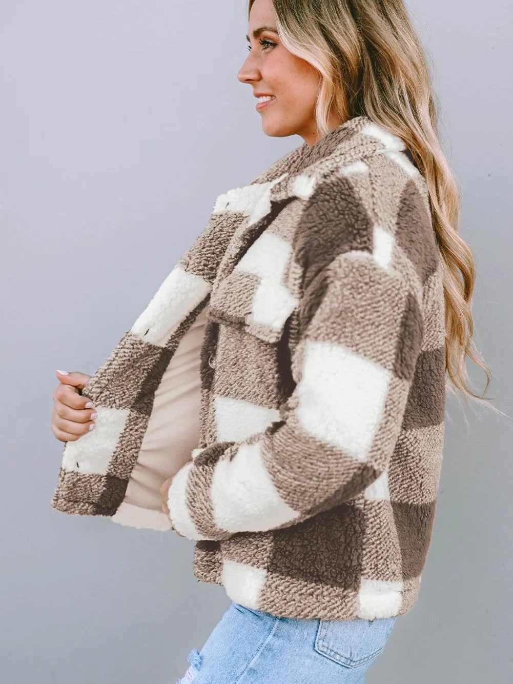 Brown and Cream Color Block Teddy Coat