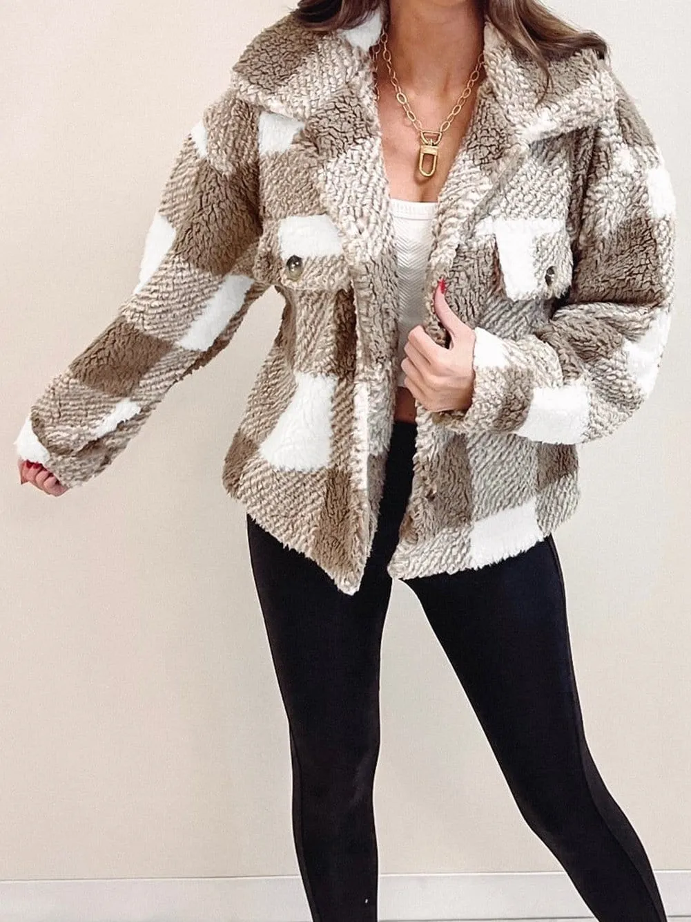 Brown and Cream Color Block Teddy Coat