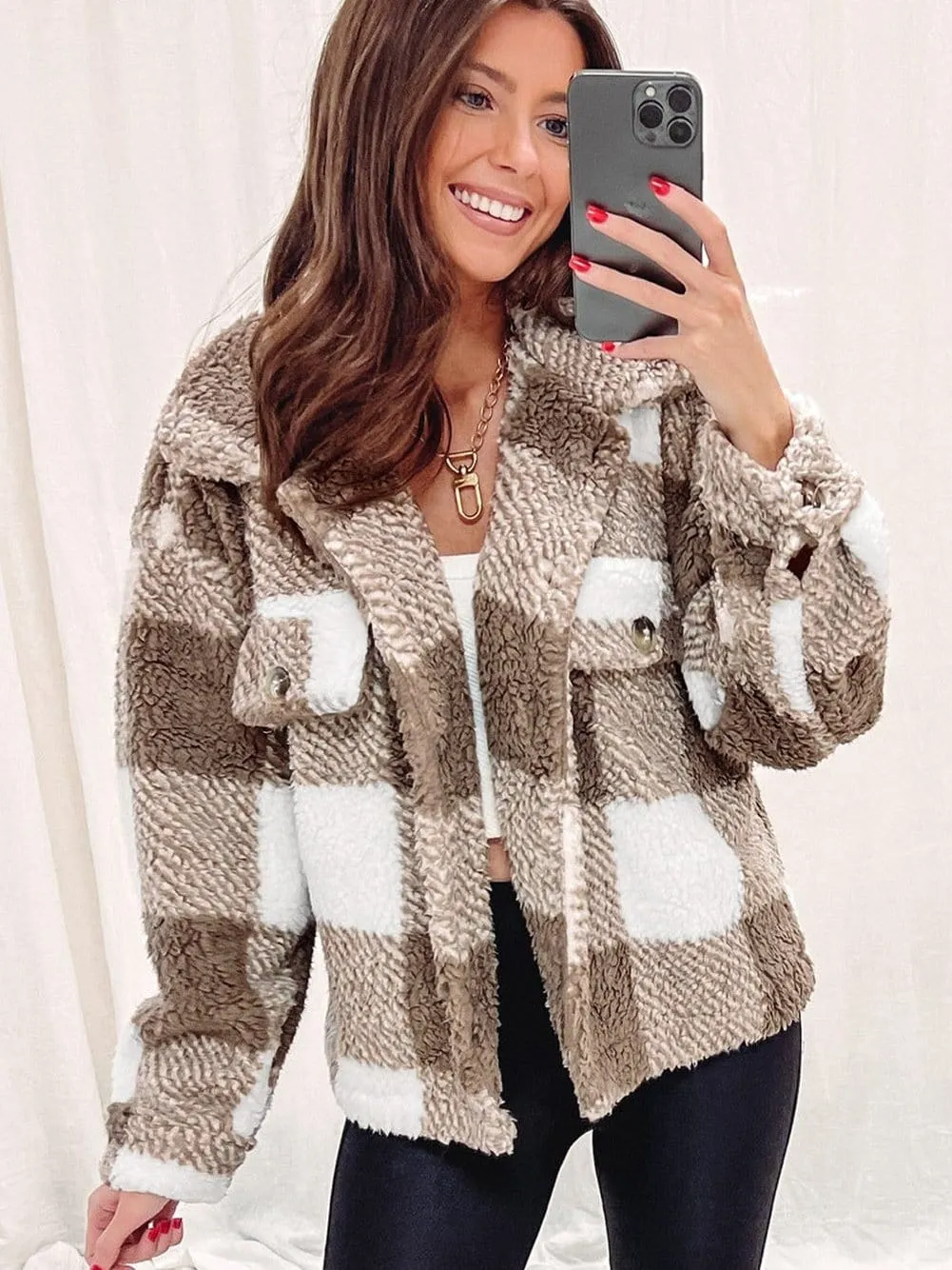 Brown and Cream Color Block Teddy Coat