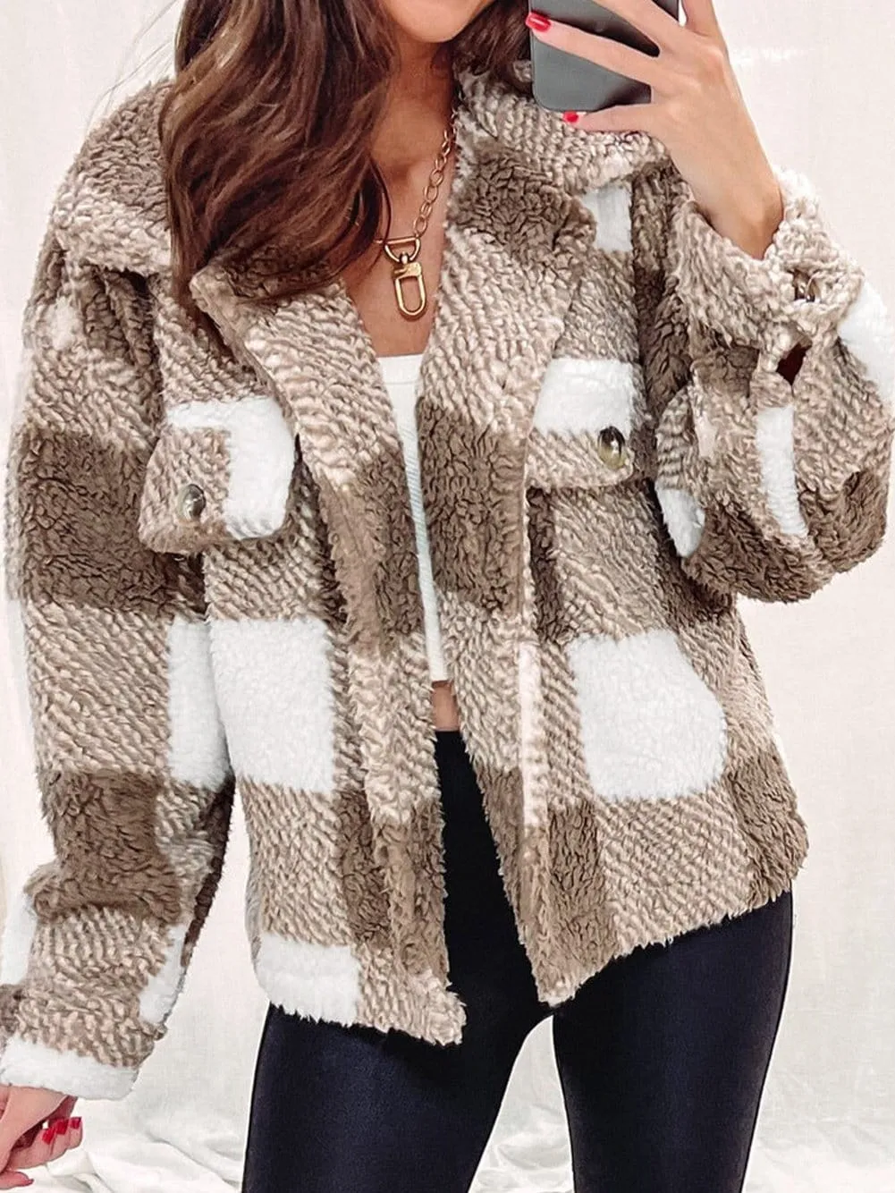 Brown and Cream Color Block Teddy Coat