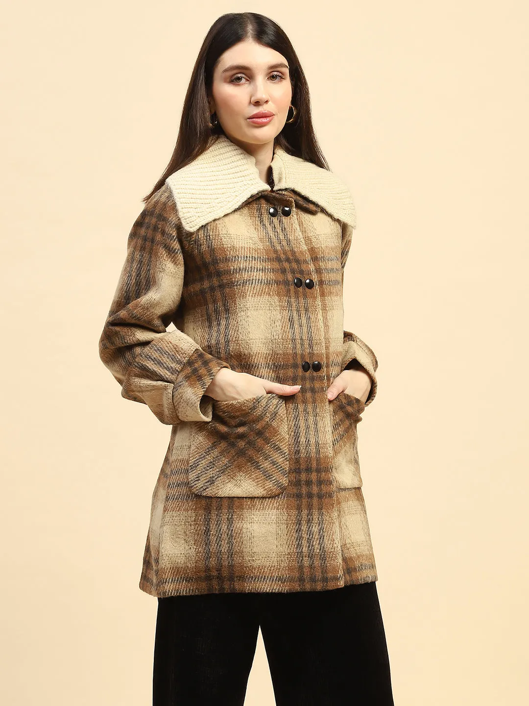 Brown Checkerd Poly Blend Relaxed Fit Coat