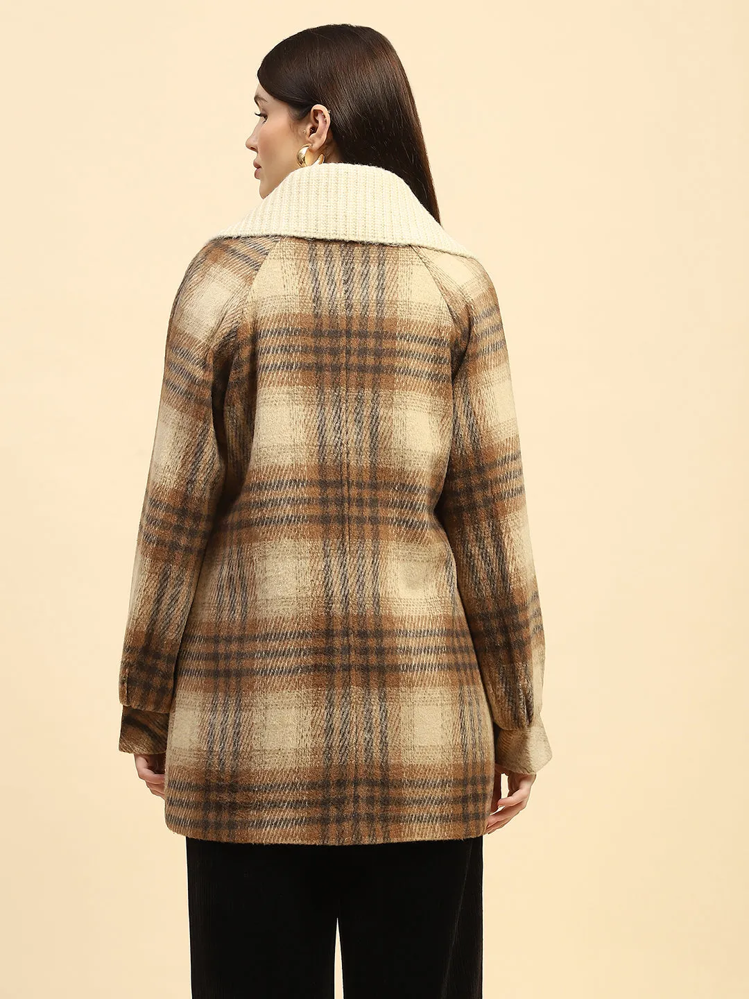 Brown Checkerd Poly Blend Relaxed Fit Coat