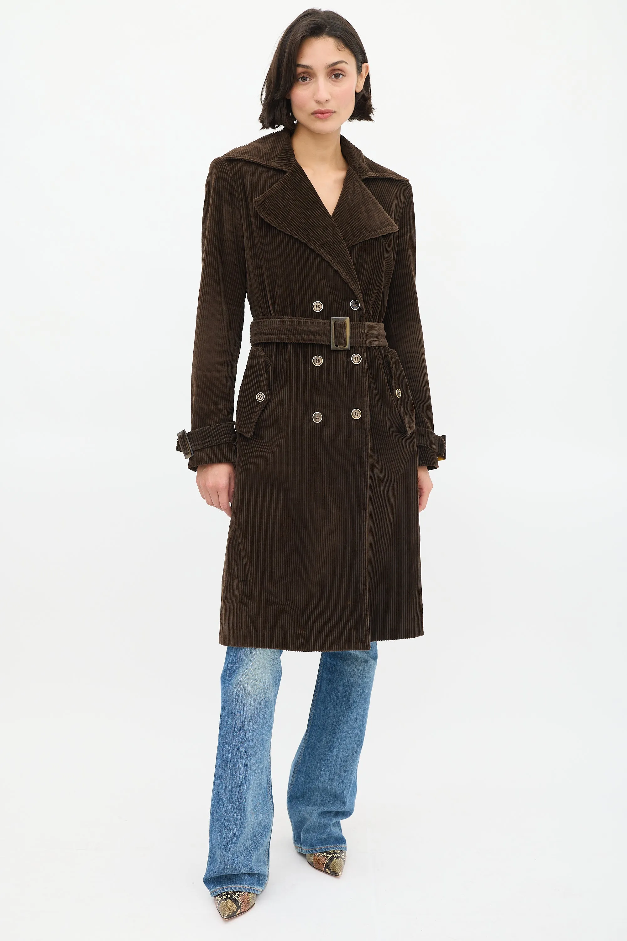 Brown Corduroy Double Breasted Belted Coat