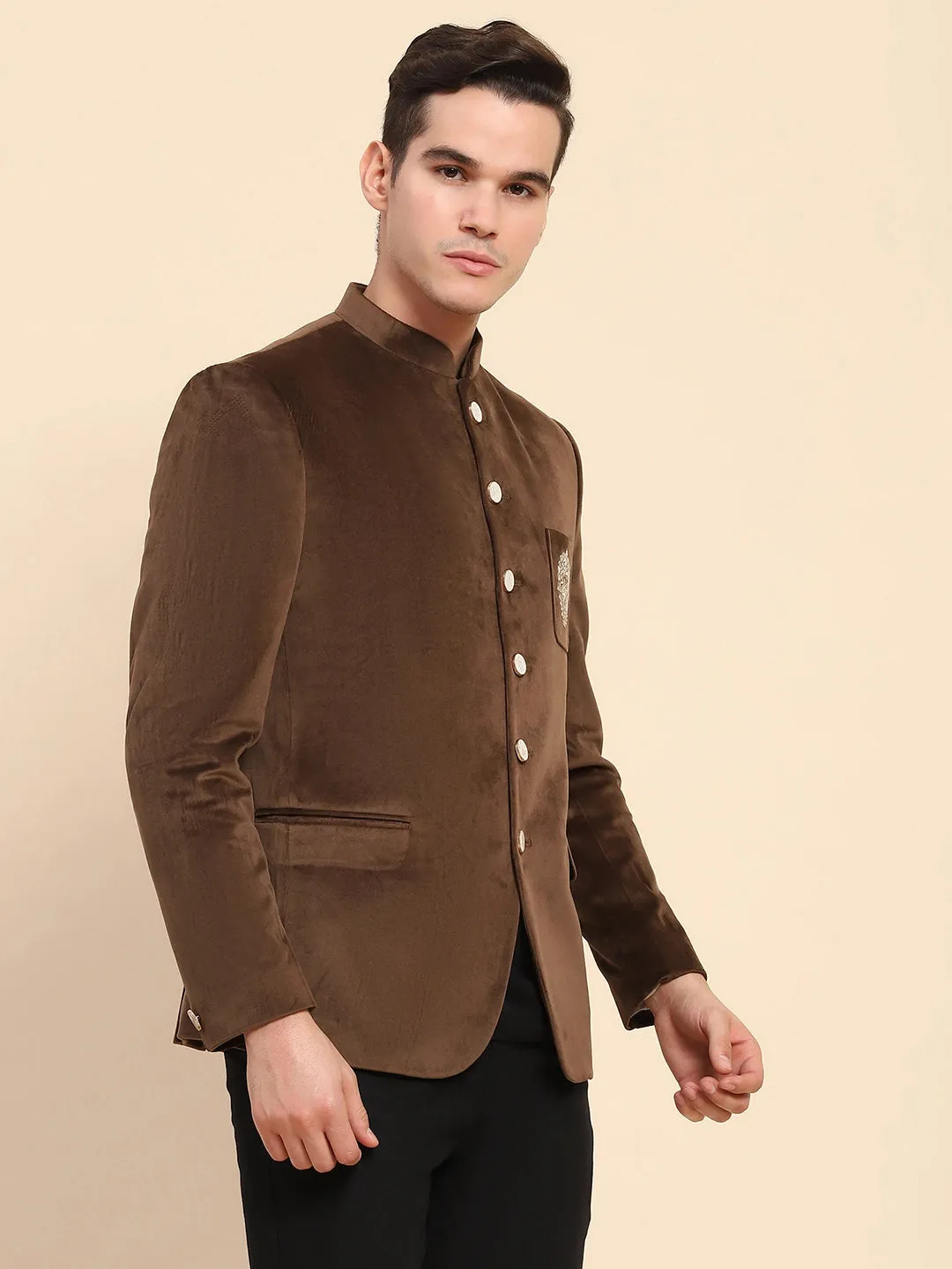 Brown Velvet Zari Embroidered Winter Wear Coat