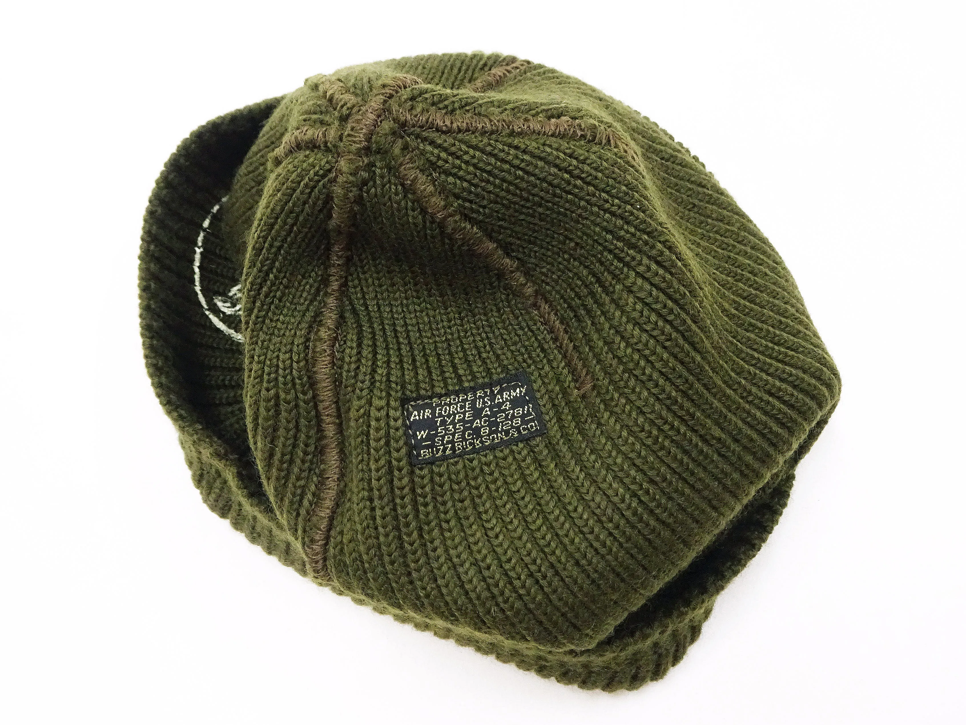 Buzz Rickson Watch Cap Men's Wool Winter Knit Hat USAAF A-4 Mechanics Cap with Stencil BR02756 Olive