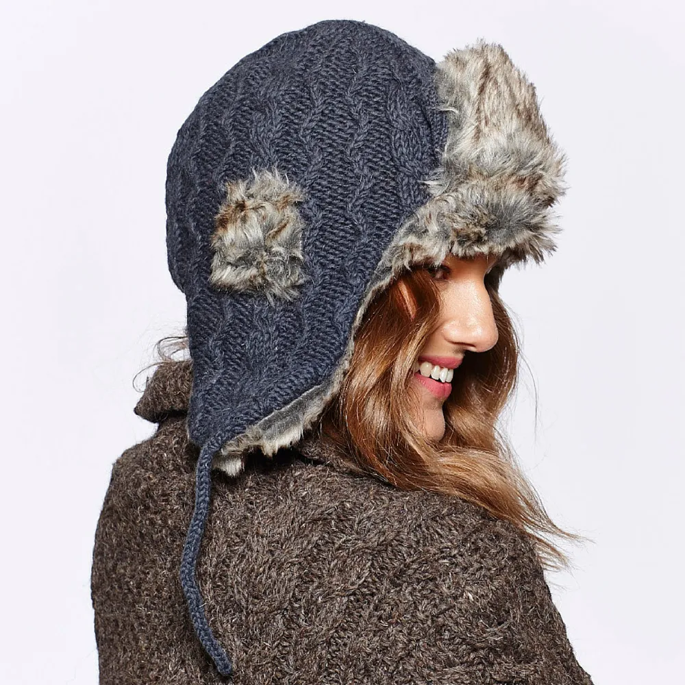 Cable Knit Russian Hat w/ Faux Fur