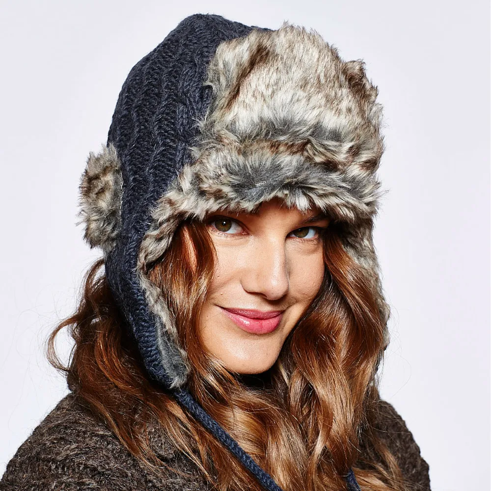 Cable Knit Russian Hat w/ Faux Fur