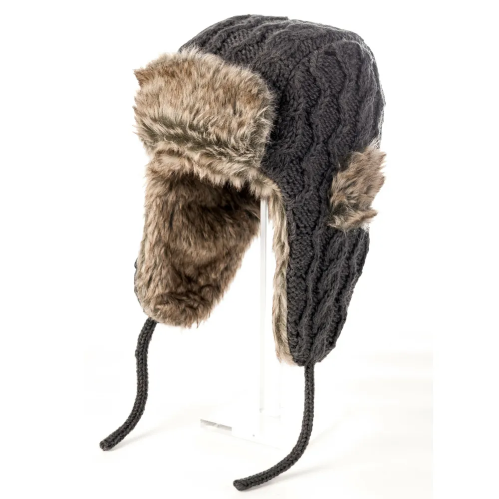 Cable Knit Russian Hat w/ Faux Fur