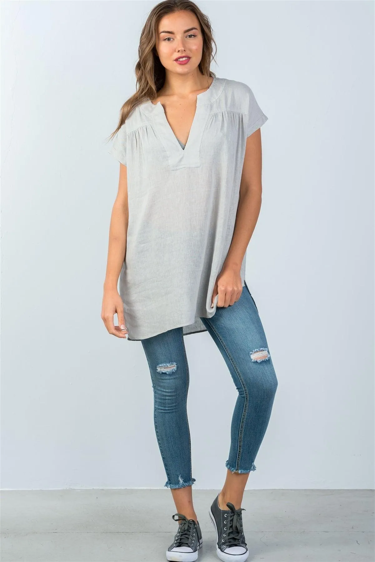 Cement V-Neck Drop Shoulder Oversized Tunic Top /3-2-1