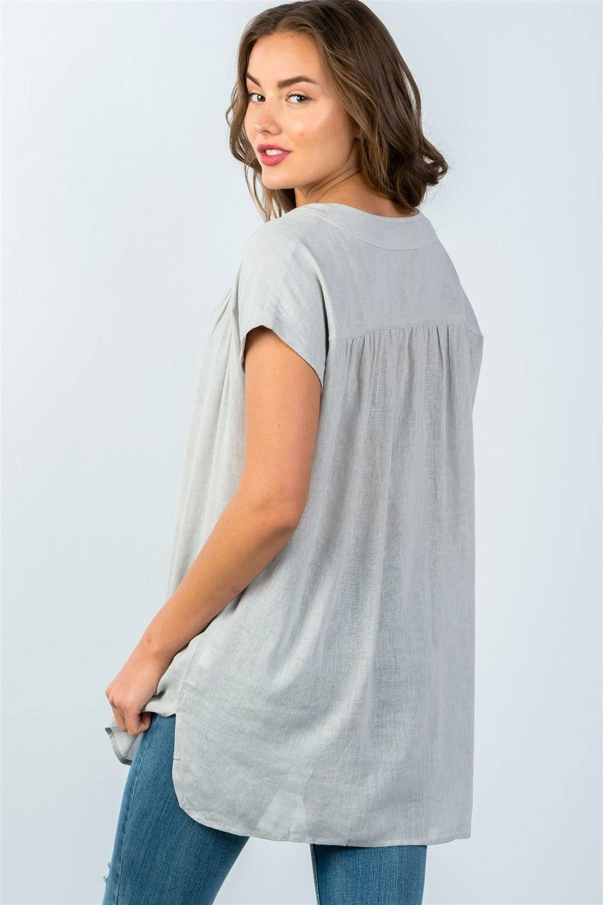 Cement V-Neck Drop Shoulder Oversized Tunic Top /3-2-1