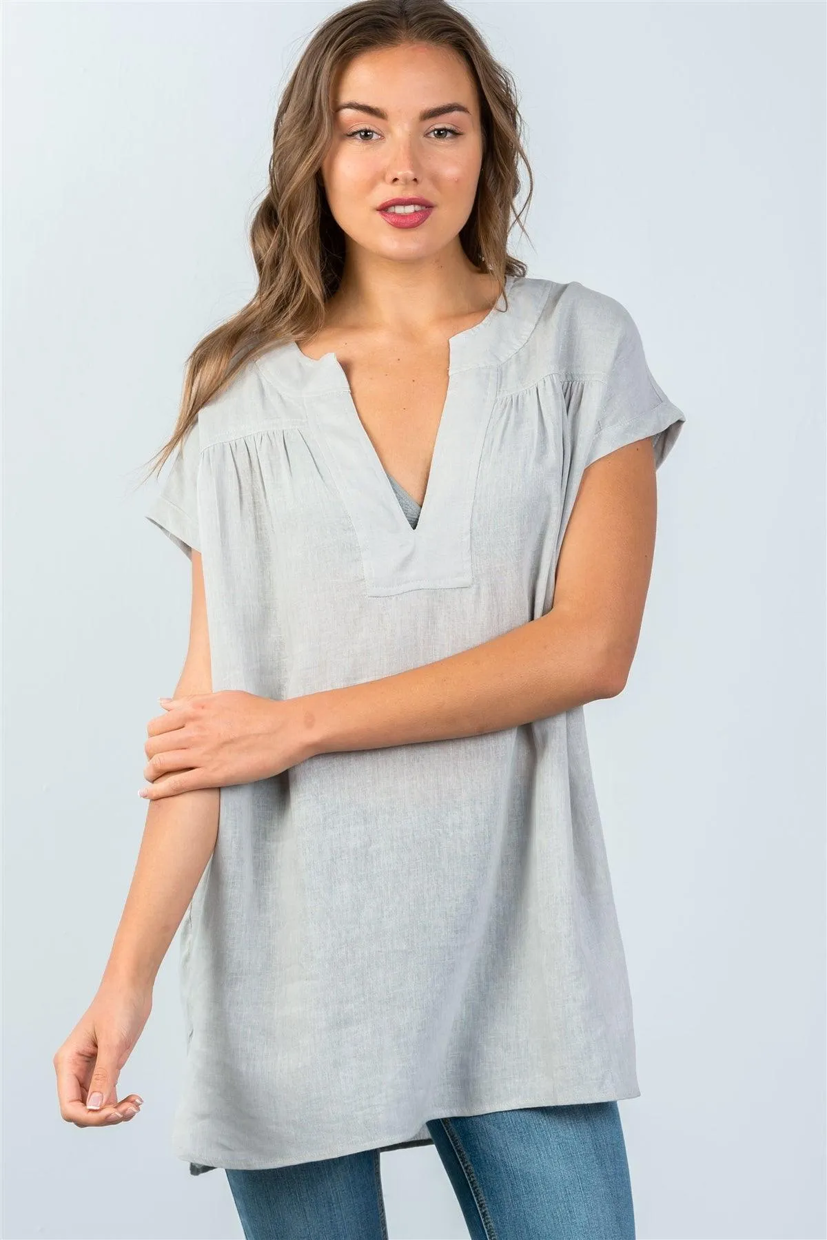 Cement V-Neck Drop Shoulder Oversized Tunic Top /3-2-1