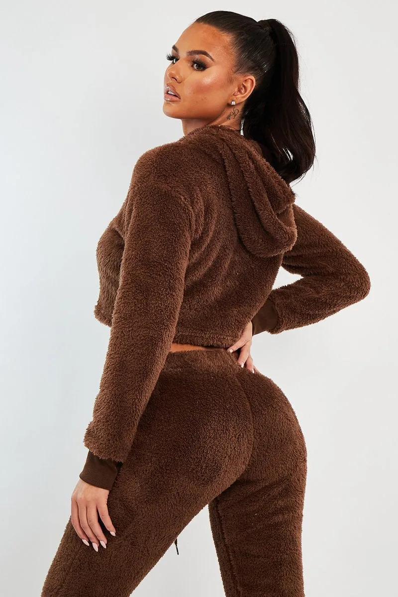 Chocolate Cropped Teddy Hoodie - Amyia