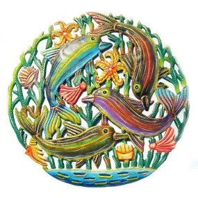 Coastal Playful Dolphins Haitian Metal Drum Wall Art