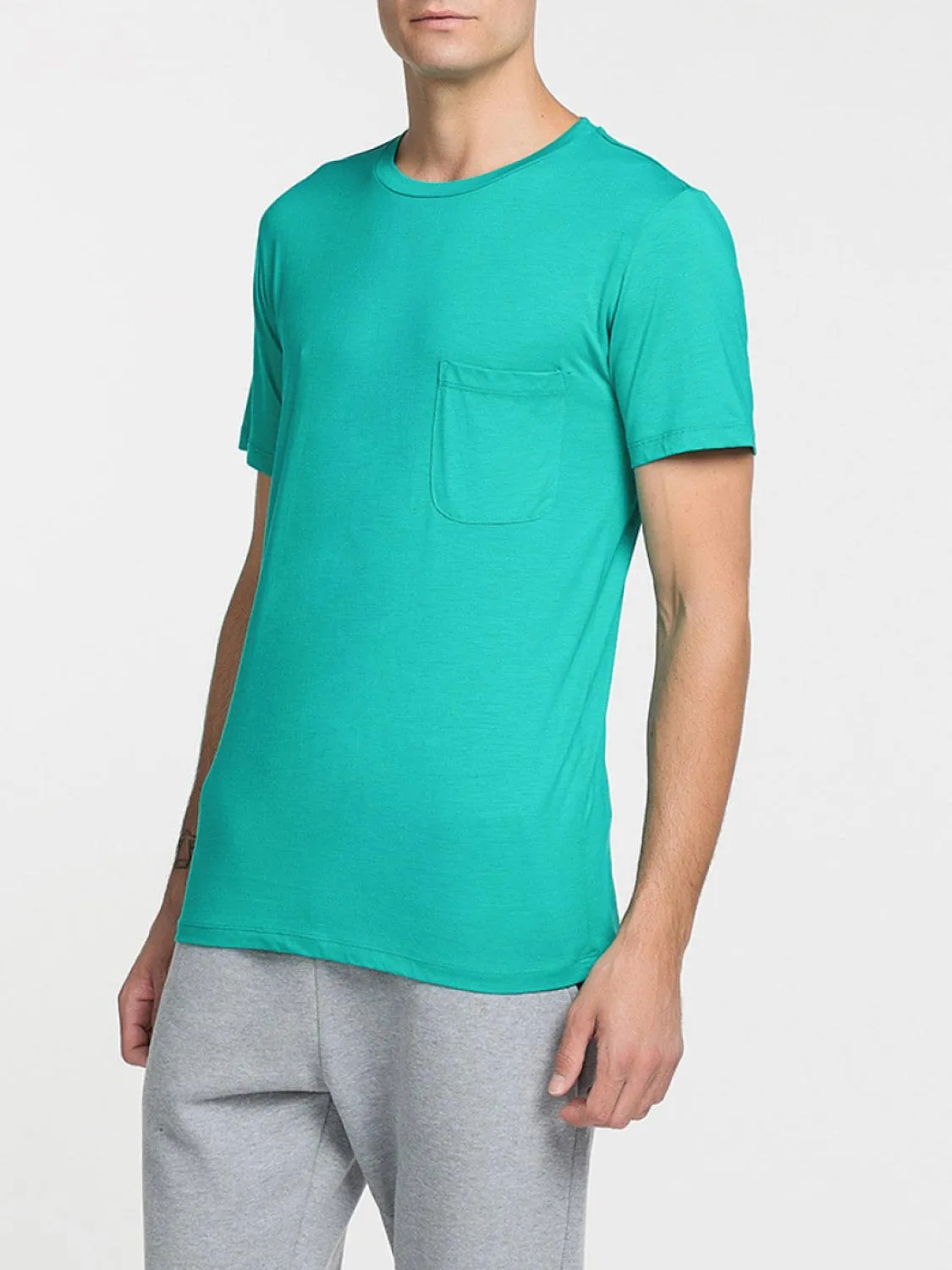 Crew Neck Modal-Blend Pocket T-shirt Cyan