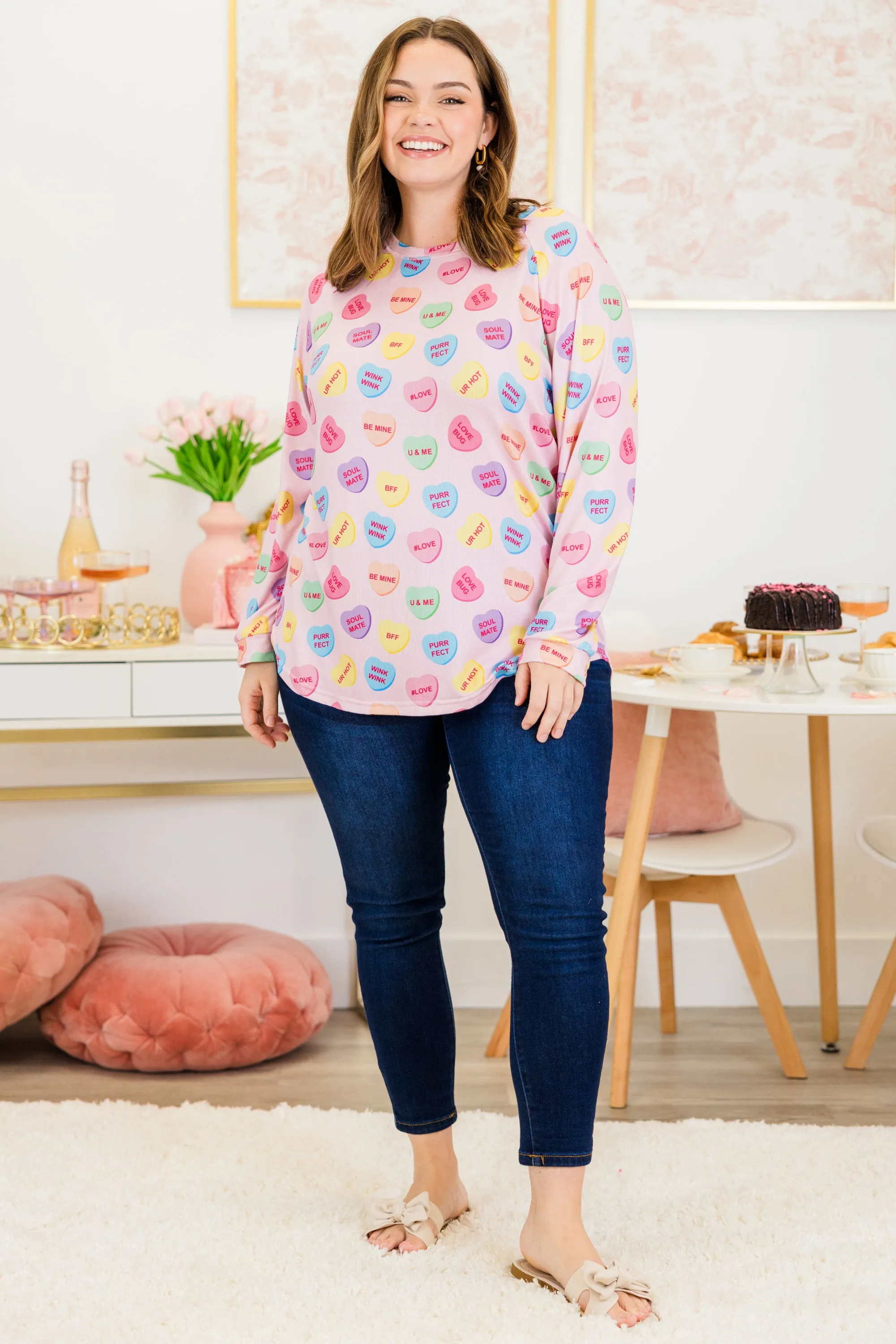 Curved Hem Slouchy Dolman Tunic, Conversation Heart