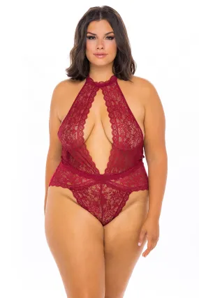 Curvy Allison Lace Teddy - RHUBARB