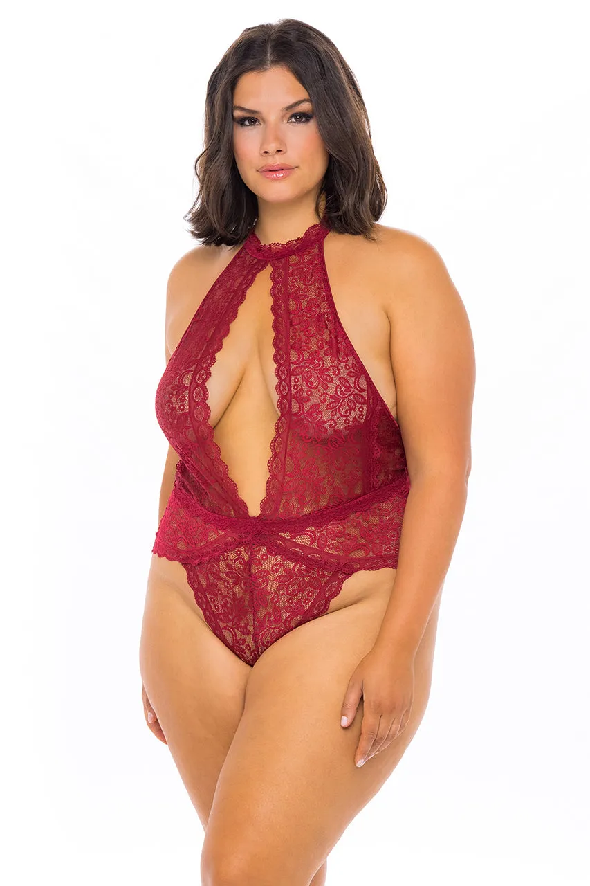 Curvy Allison Lace Teddy - RHUBARB