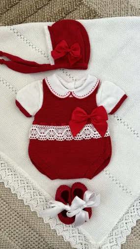 Delicate Lace Belt With Big Satin Bow Short Romper Set in Red and White